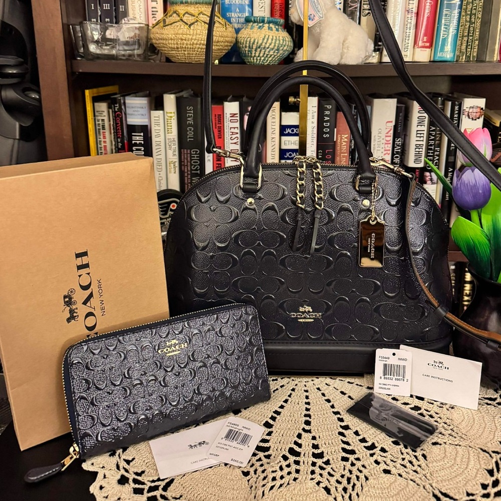 Coach Navy Embossed Satchel and Wallet Set